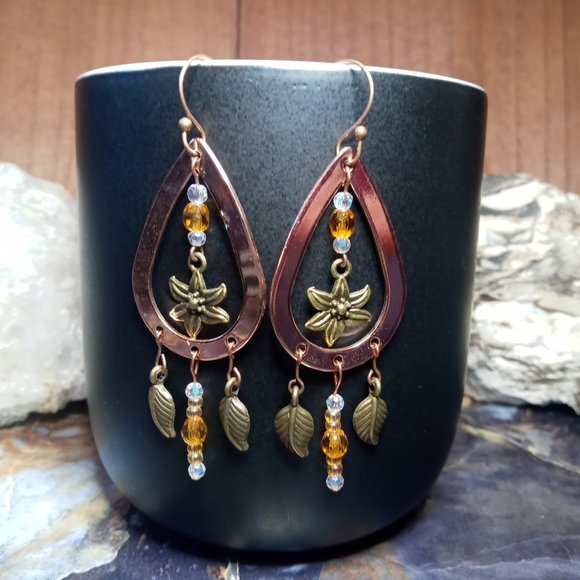 Copper Flower Boho Style Dangle Chandelier Earrings - Picture 4 of 4